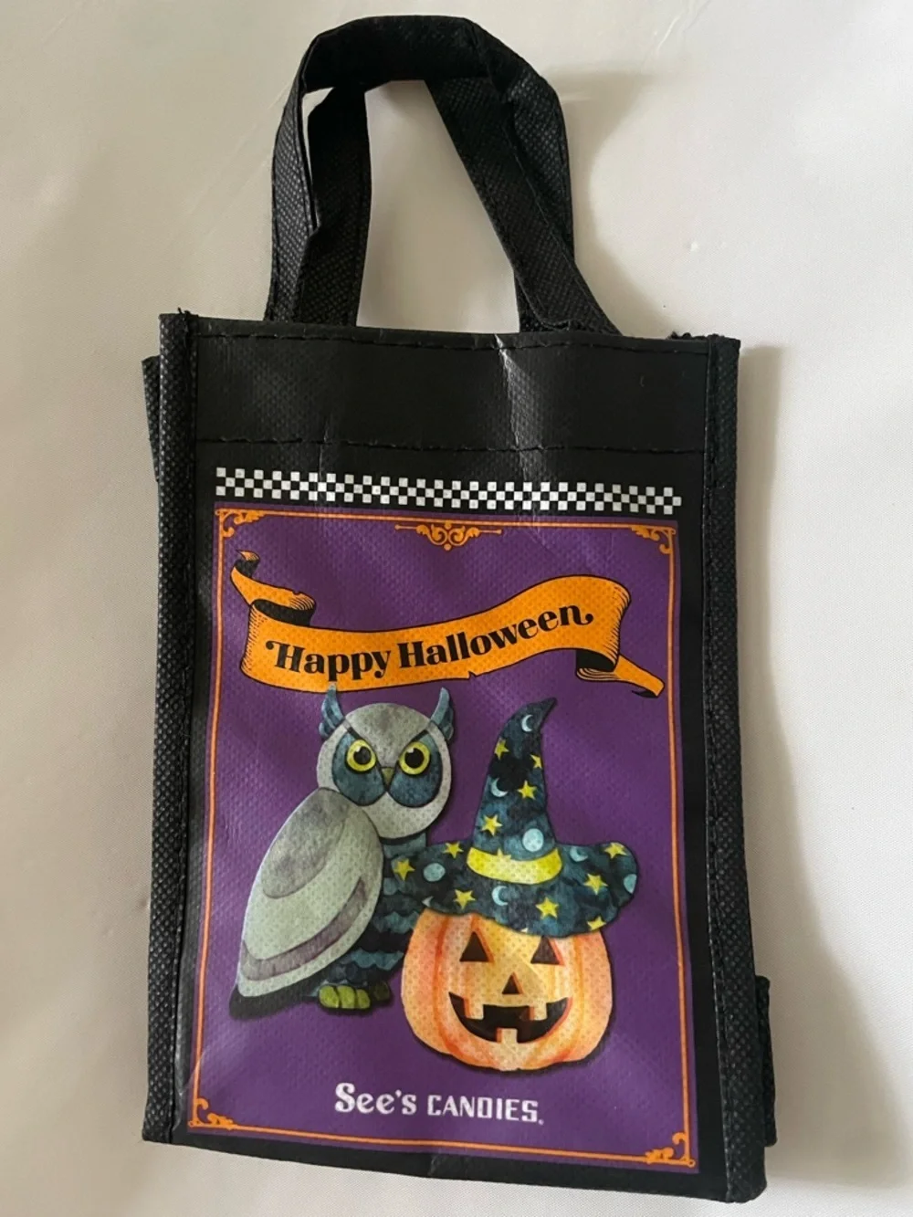 Rare See's Candies Vintage Halloween Reusable Mini Gift Tote Bag Black Cat Owl